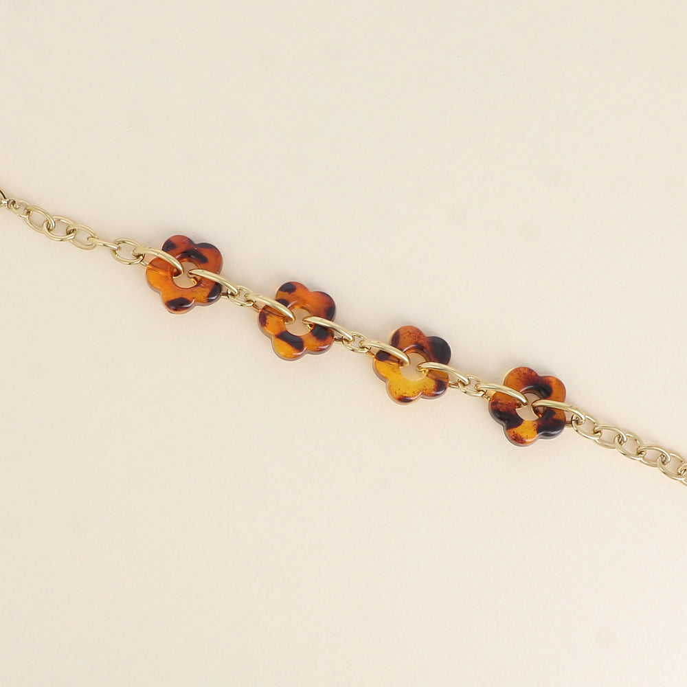 Bracelet - 4 fleurs en résine léopard et maillons ovales (17+3 cm / dimension approximative d'une fleur: 20 x 20 mm)