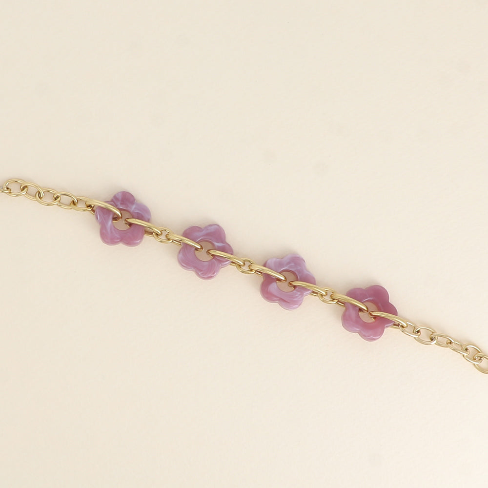 Bracelet - 4 fleurs en résine lilas et maillons ovales (17+3 cm / dimension approximative d'une fleur: 20 x 20 mm)