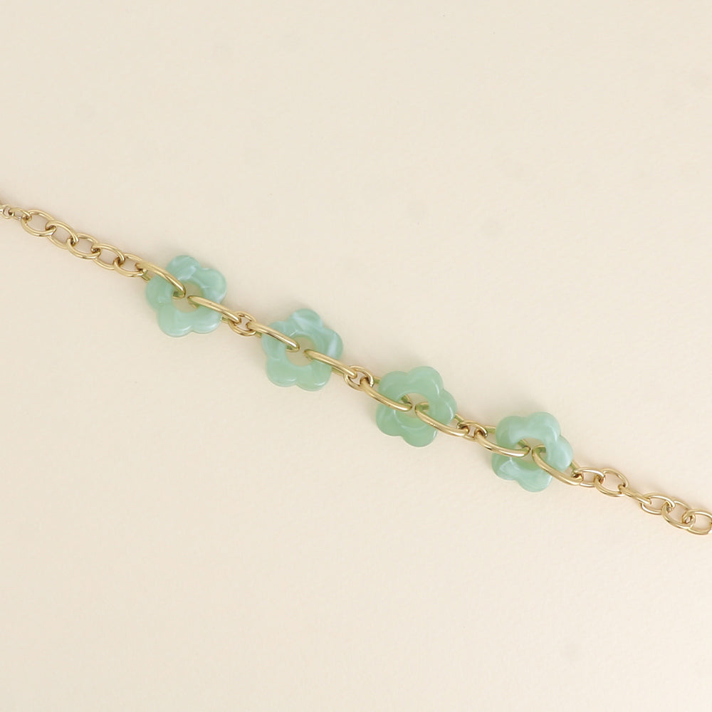 Bracelet - 4 fleurs en résine verte et maillons ovales (17+3 cm / dimension approximative d'une fleur: 20 x 20 mm)