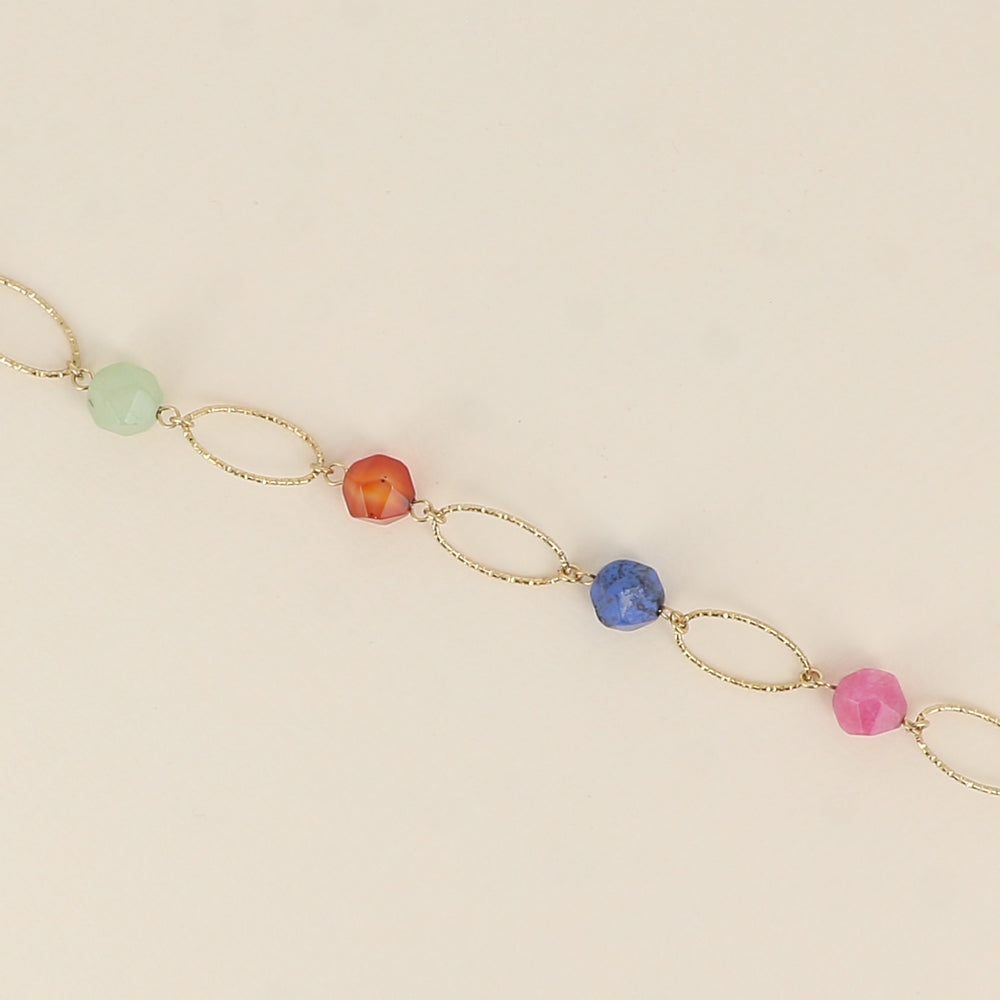 Bracelet - maillons ovales striés et pierres naturelles (17+3 cm)