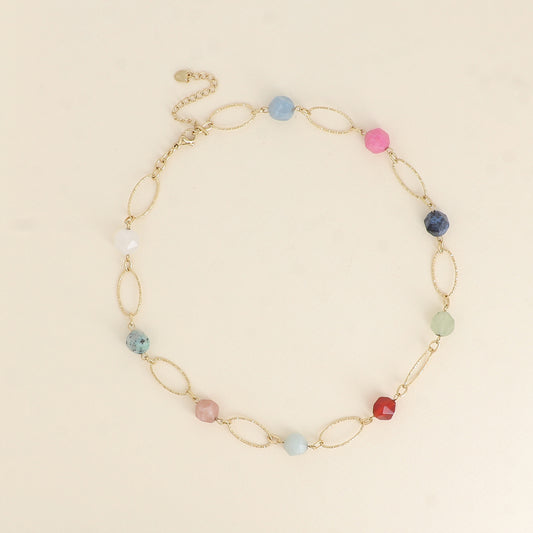 Collier - maillons ovales striés et pierres naturelles 45+5 cm