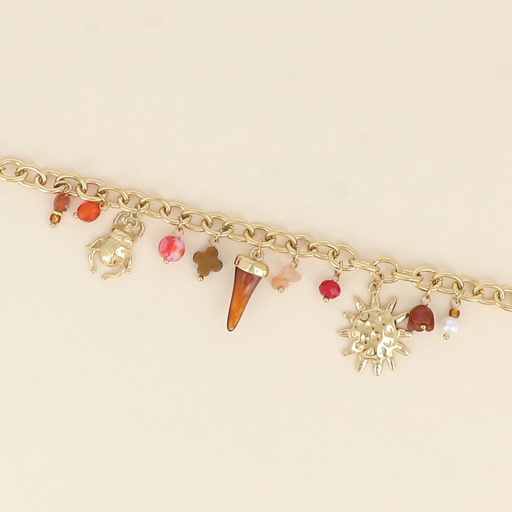 Bracelet - trèfle en pierre naturelle, scarabée, soleil, corne en résine (16+3 cm)