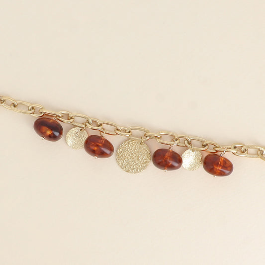 Bracelet - perles en résine marrons et pampilles rondes texturées (17,5+5 cm)