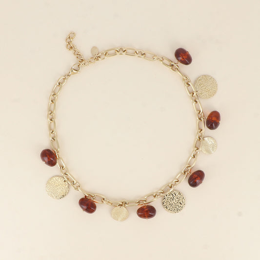 Collier - perles en résine marron et pampilles rondes texturées 40+5 cm