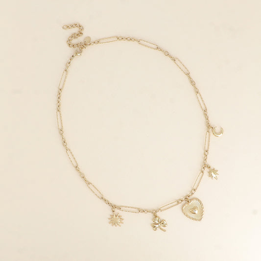 Collier - breloques (fleur, trèfle, cœur, étoile et lune) 39+7 cm