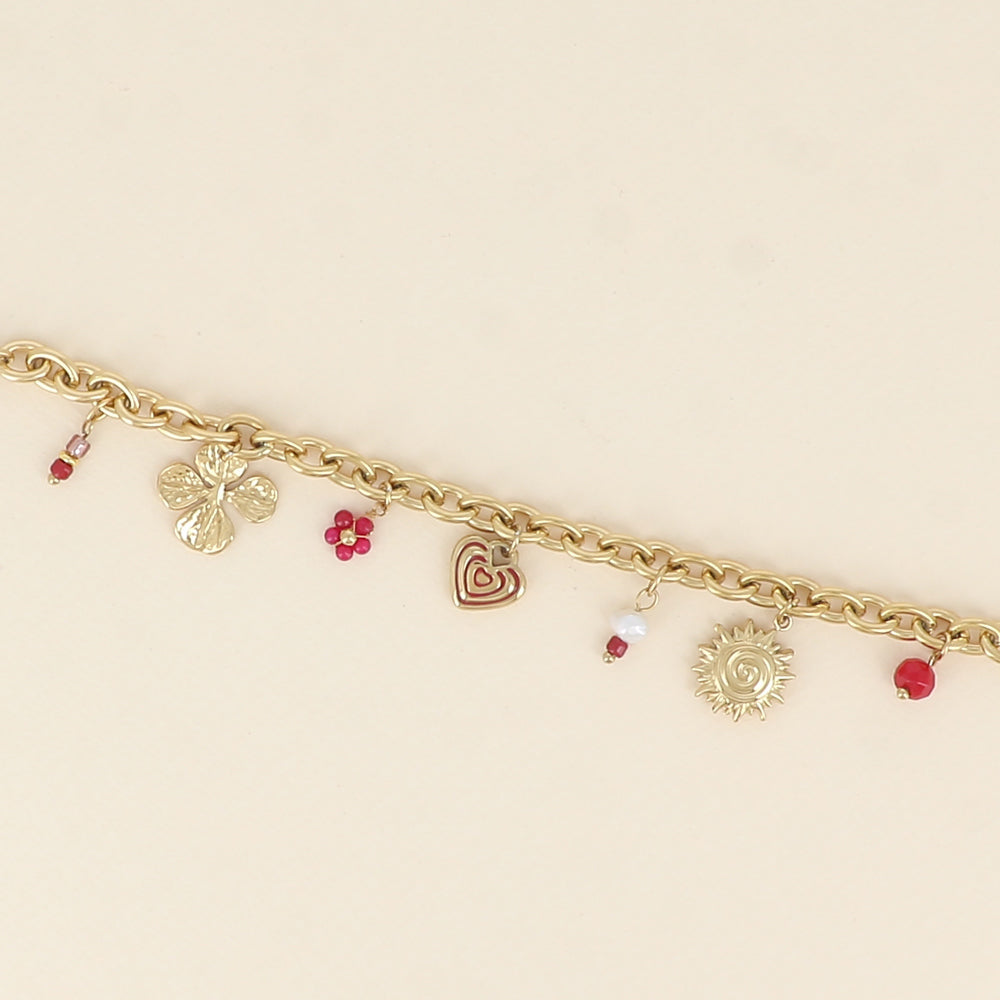 Bracelet - breloques soleil, cœur, trèfle et perles (17+3 cm)
