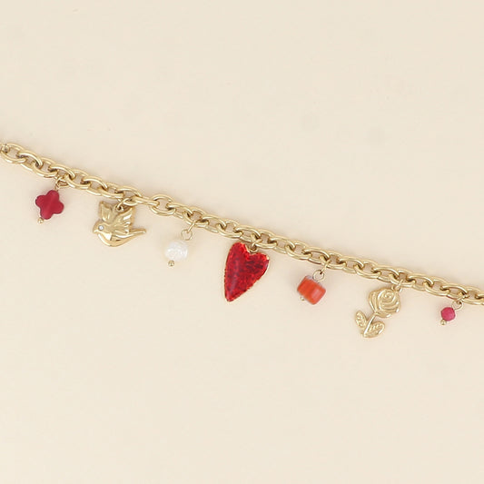 Bracelet - trèfle, coeur en émail, fleur, perle en céramique et émail (17+3 cm)