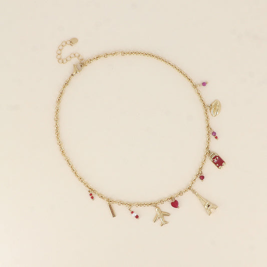 Collier - tour Eiffel, avions, cœur, bouche et plaquette AMOUR en émail 40+5 cm