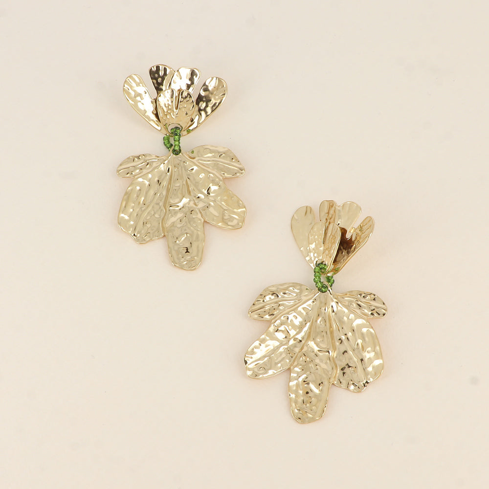 Boucles pendantes - 2 feuillages et anneau perlé 43x70 mm
