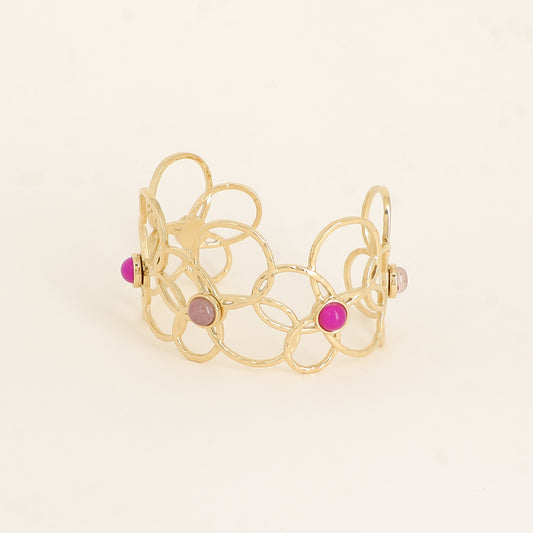 Manchette - 5 motifs floraux ajourés et pierres naturelles améthystes - Dimensions : 6,5 x 5 cm - Hauteur : 40 mm