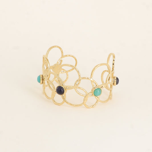 Manchette - 5 motifs floraux ajourés et pierres naturelles sodalites - Dimensions : 6,5 x 5 cm - Hauteur : 40 mm