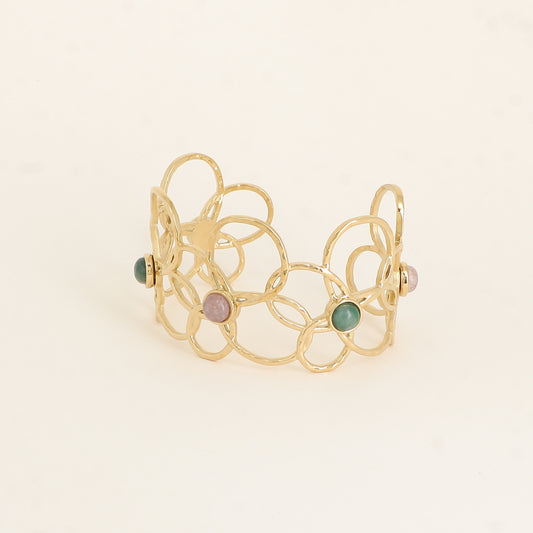 Manchette - 5 motifs floraux ajourés et pierres naturelles quartz fraise - Dimensions : 6,5 x 5 cm - Hauteur : 40 mm