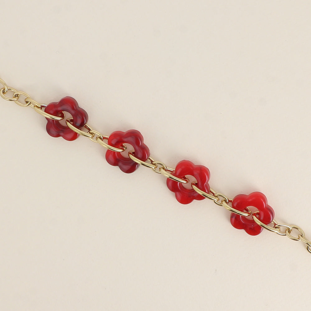 Bracelet - 4 fleurs en résine rouge et maillons ovales (17+3 cm / dimension approximative d'une fleur: 20 x 20 mm)