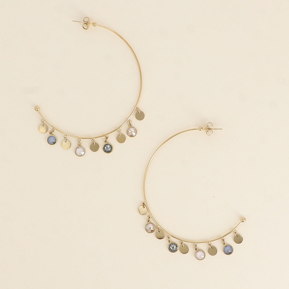 Créoles - pampilles rondes ornées de cristaux de Swarovski® - Black diamond & Ivory cream - Taille de la boucle: 55×60 mm