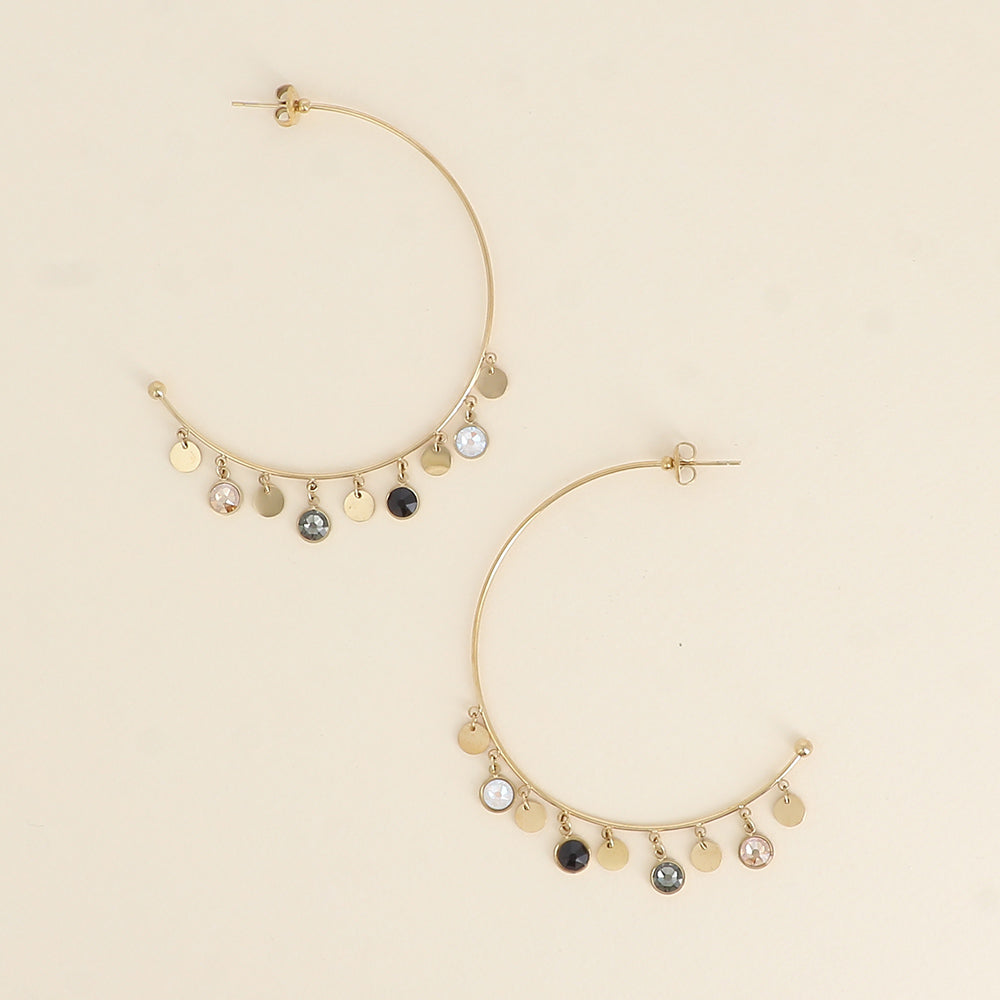 Créoles - pampilles rondes ornées de cristaux de Swarovski® - Jet & Light grey delite - Taille de la boucle: 55×60 mm