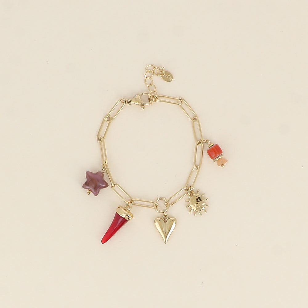 Bracelet - cœur, perle céramique émaillée, soleil, étoile et corne en résine (17+3 cm)