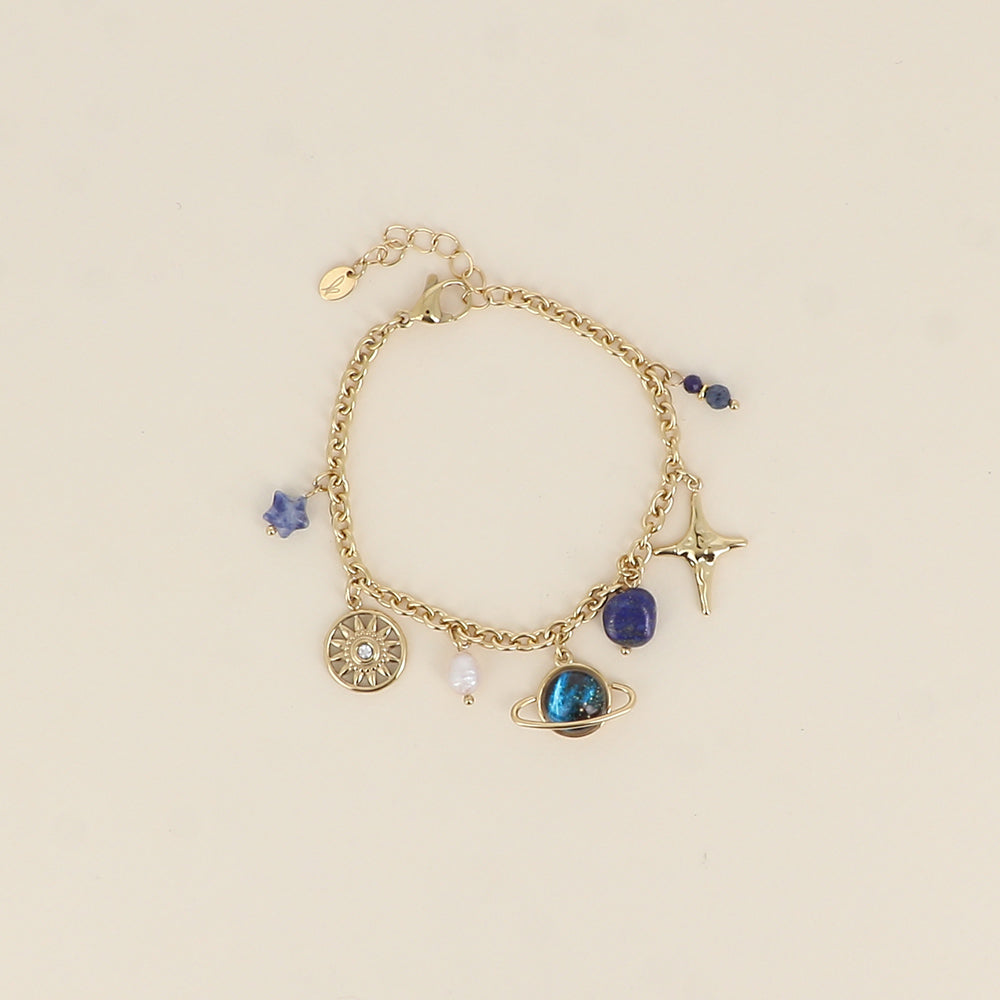 Bracelet - soleil, étoiles, Saturne, pierres naturelles, perle d'eau douce (17+3 cm)