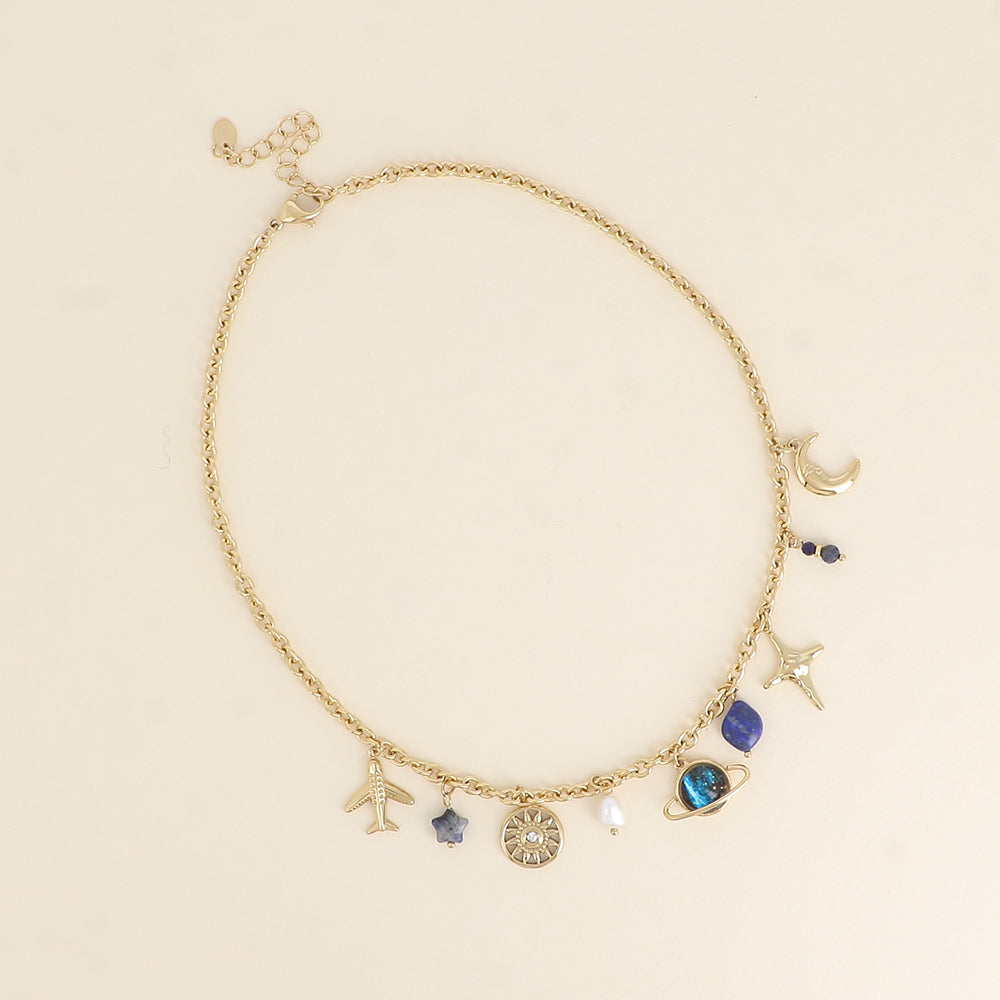 Collier - soleil, étoiles, Saturne, pierres naturelles, perle d'eau douce 40+5 cm