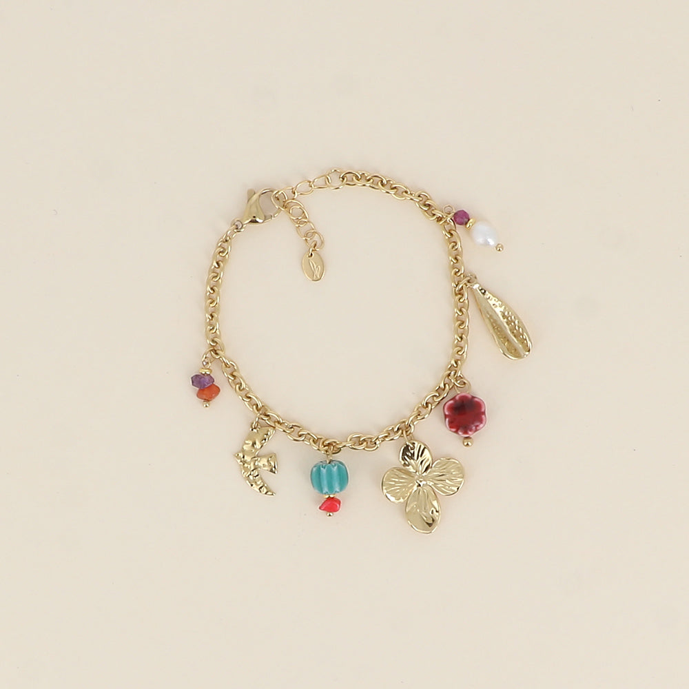 Bracelet - pierres naturelles, oiseau, feuillage, trèfle, perles en céramique émaillée, perle d'eau douce (17+3 cm)