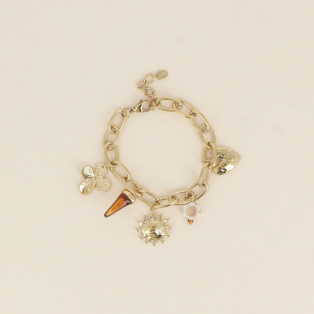 Bracelet - perle céramique émaillée, trèfle, soleil, cœur et corne en résine (17+3 cm)