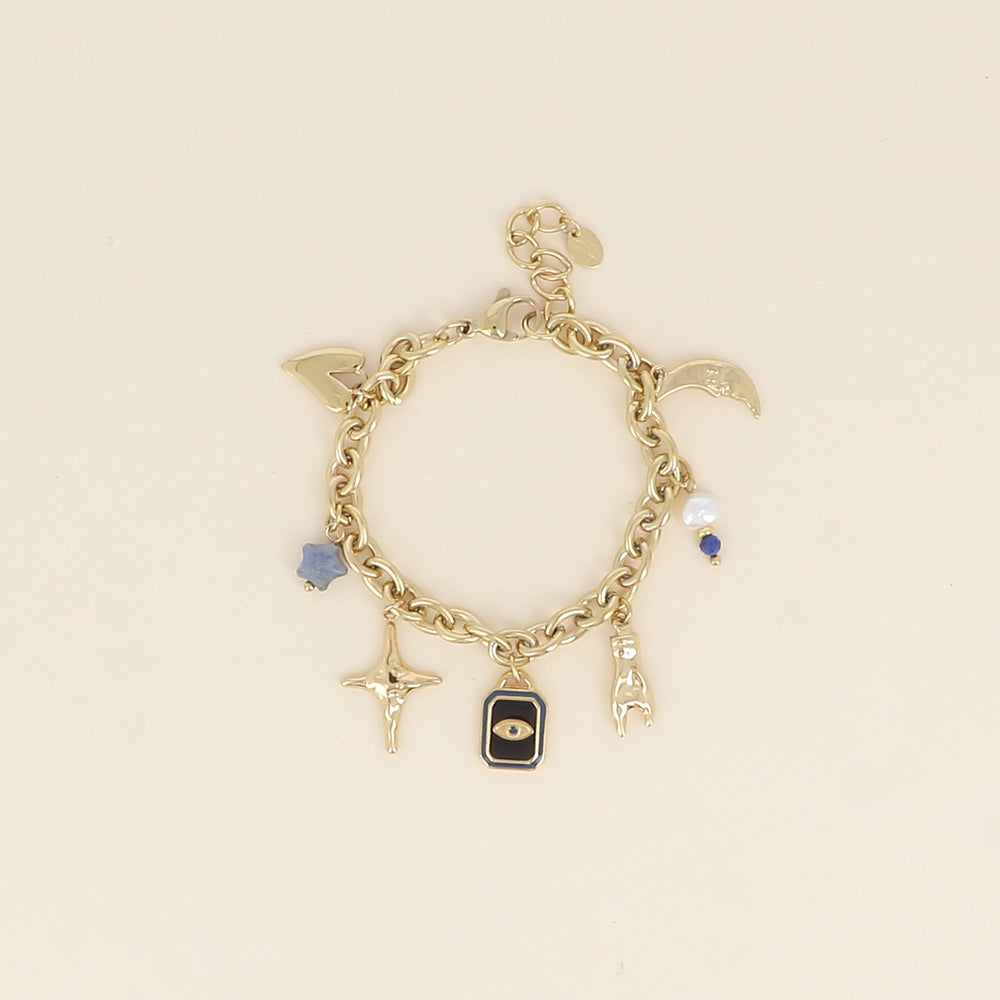 Bracelet - coeur, étoile, oeil, main, lune, pierre naturelle, émail et perle d'eau douce (17+3 cm)