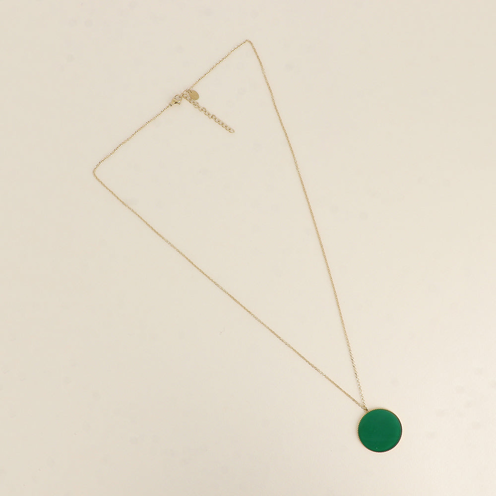 Collier - médaillon rond plat en pierre naturelle agate verte 60+5 cm