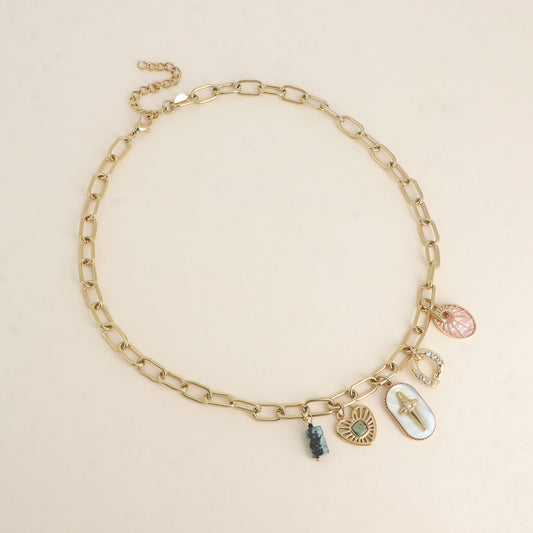 Collier - breloques (pierres naturelles, étoile, cœur) - Nacre rose 45+5 cm