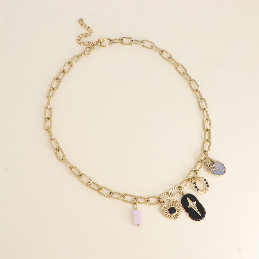 Collier - breloques (pierres naturelles, étoile, cœur) - Onyx 45+5 cm