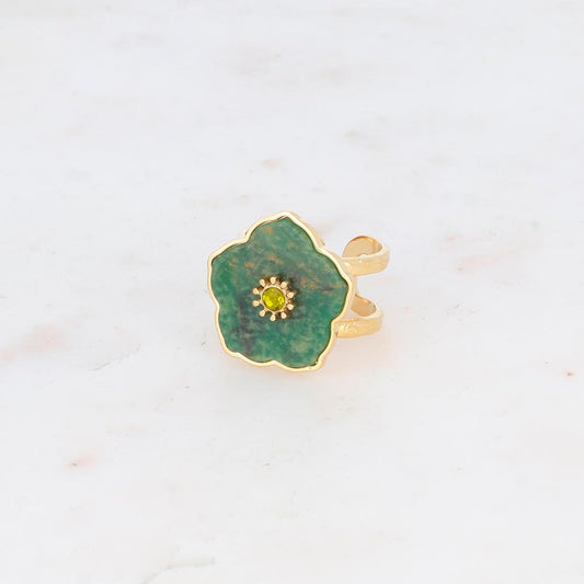 Bague double rangs avec fleur en pierre naturelle et strass - Aventurine