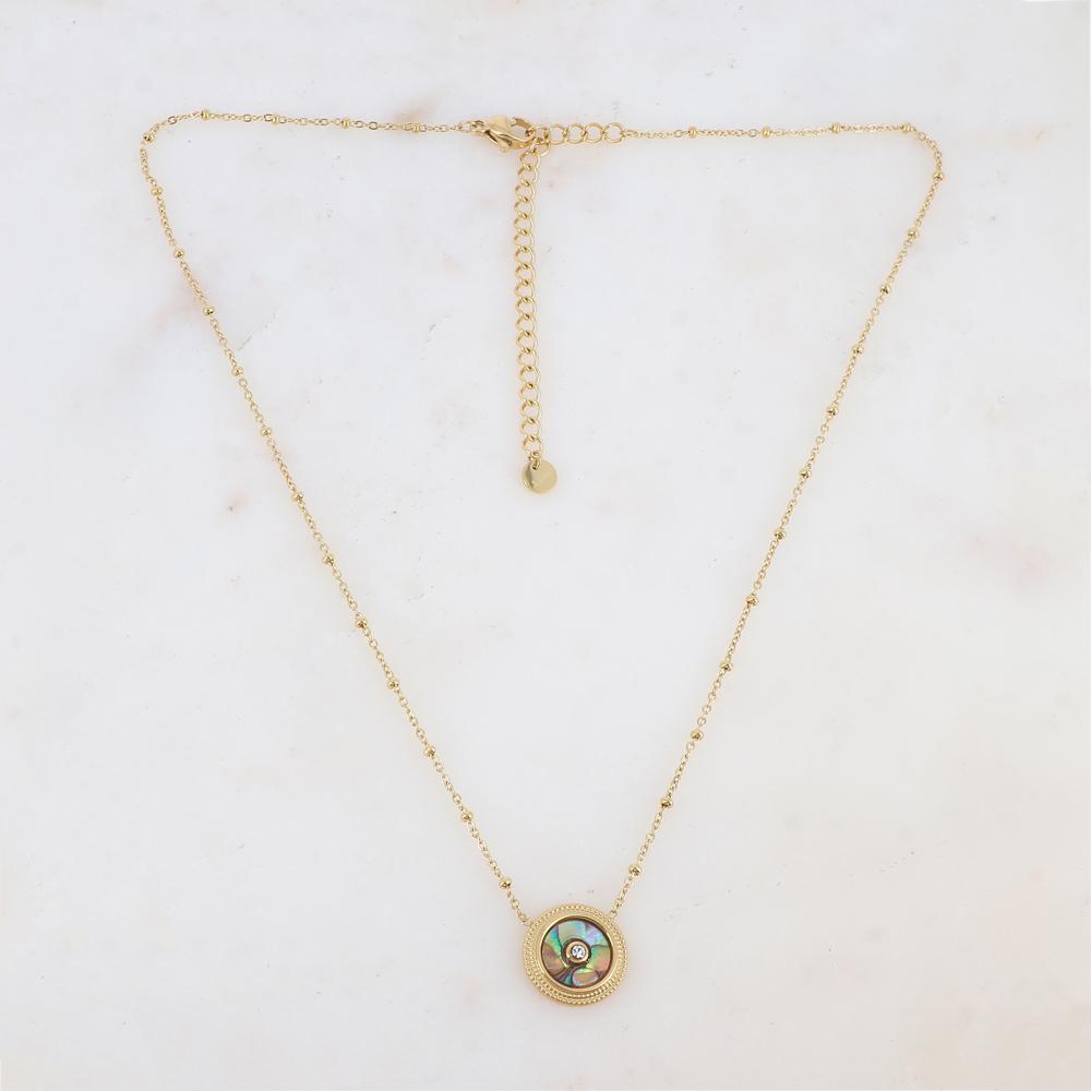 Collier avec une pampille ronde ornée d'une nacre verte abalone et d'un strass 39+7 cm