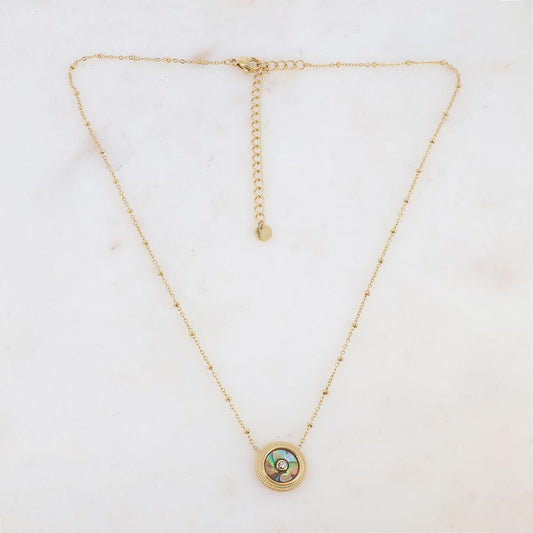 Collier avec une pampille ronde ornée d'une nacre verte abalone et d'un strass 39+7 cm