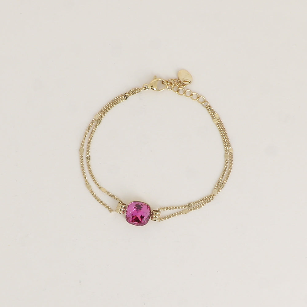 Bracelet double rangs - Orné d’un cristal de Swarovski® de 10 mm - Taille bracelet : 16+3 cm - Dark rose