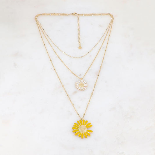 Collier triple rangs doré avec deux fleurs de marguerite émaillées blanche et jaune 38/44/56+5 cm