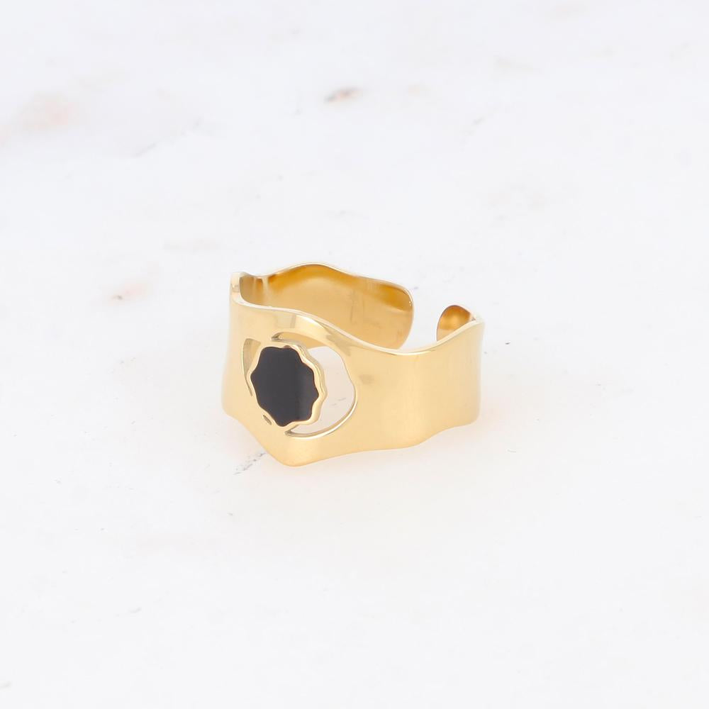 Bague avec pièce géométrique ondulée, émail - Noir