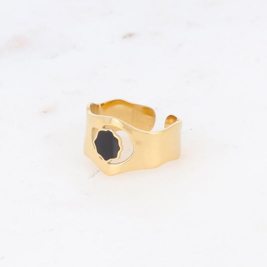 Bague avec pièce géométrique ondulée, émail - Noir