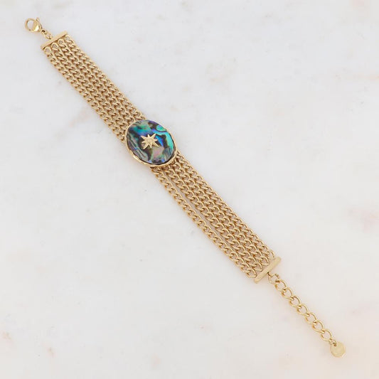 Bracelet en maille gourmette quatre rangs avec pièce ovale, nacre abalone et étoile gravée