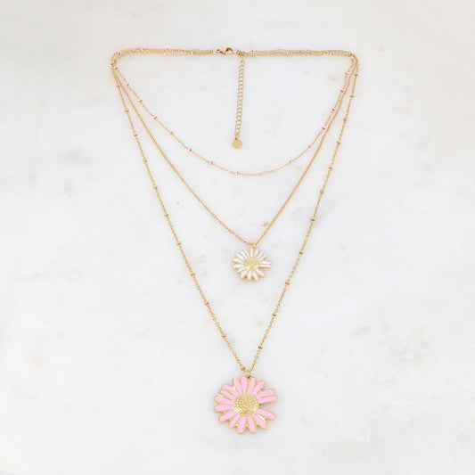 Collier triple rangs doré avec deux fleurs de marguerite émaillées blanche et rose 38/44/56+5 cm