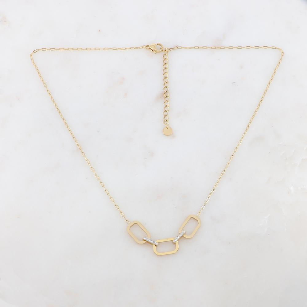 Collier doré avec anneaux rectangulaires et strass blancs 40+5 cm