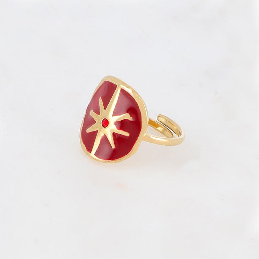 Bague avec étoile, émail et strass - Rouge