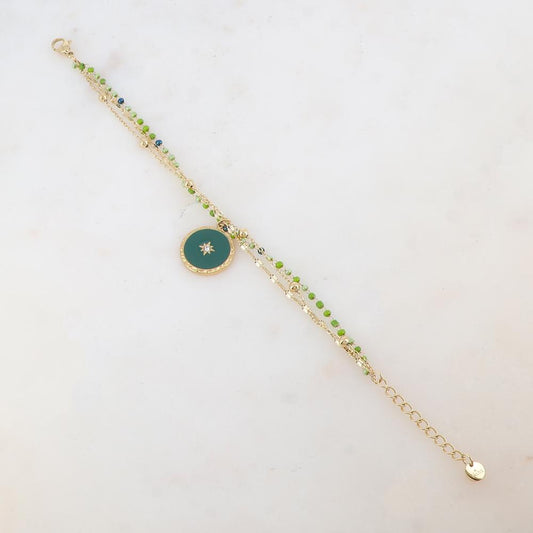 Bracelet trois rangs avec perles émaillées, petites boules, pièce ronde émaillée, étoile et strass
