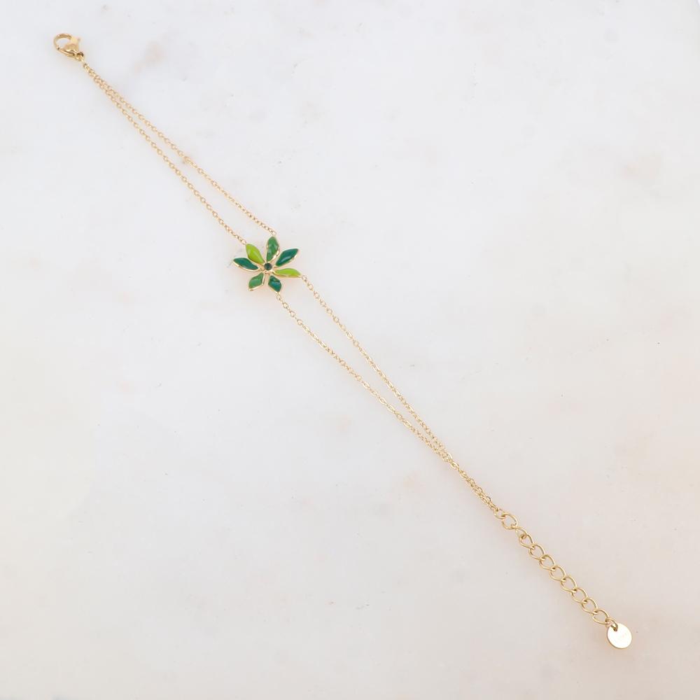 Bracelet deux rangs avec pendant fleur émaillée et strass