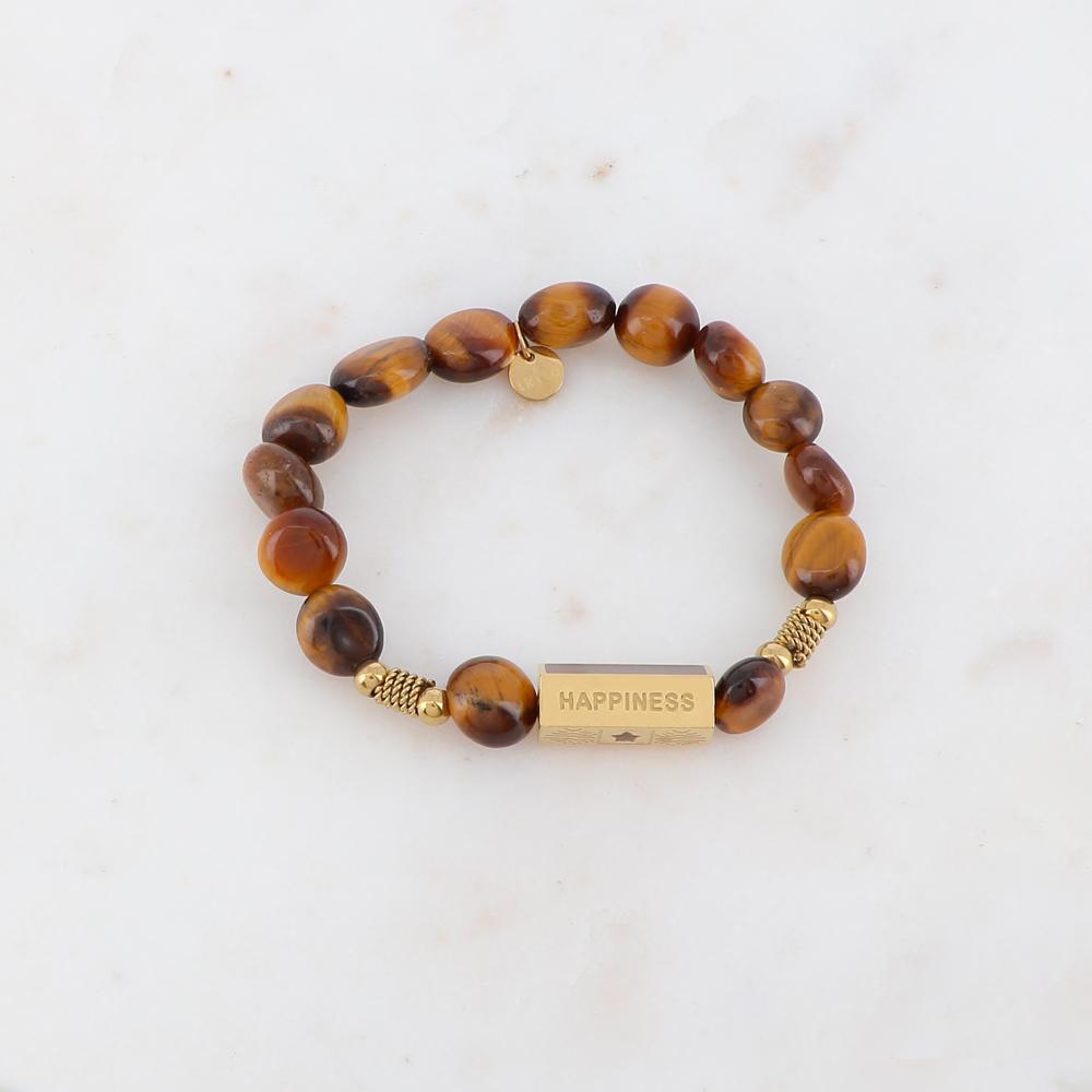 Bracelet élastique avec pierres naturelles, boules, chaînes torsadées, pièce géométrique en 5 faces - Œil de tigre