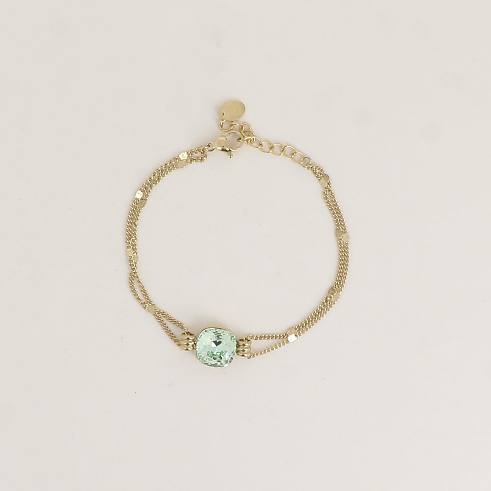 Bracelet double rangs - Orné d’un cristal de Swarovski® de 10 mm - Taille bracelet : 16+3 cm - Chrysolite