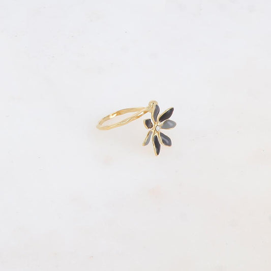 Bague fine avec fleur émaillée et strass - Noir