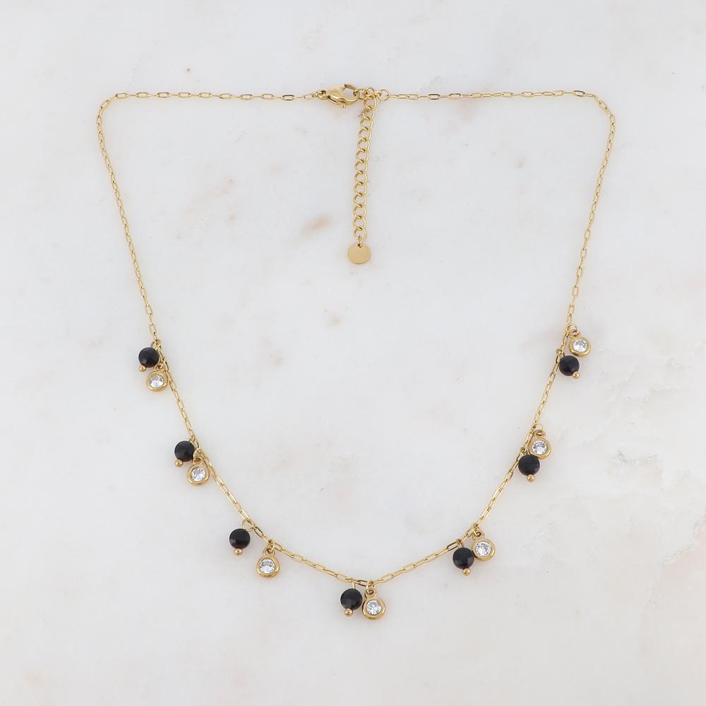 Collier doré embelli de pierres Onyx et de strass blancs 38+5 cm