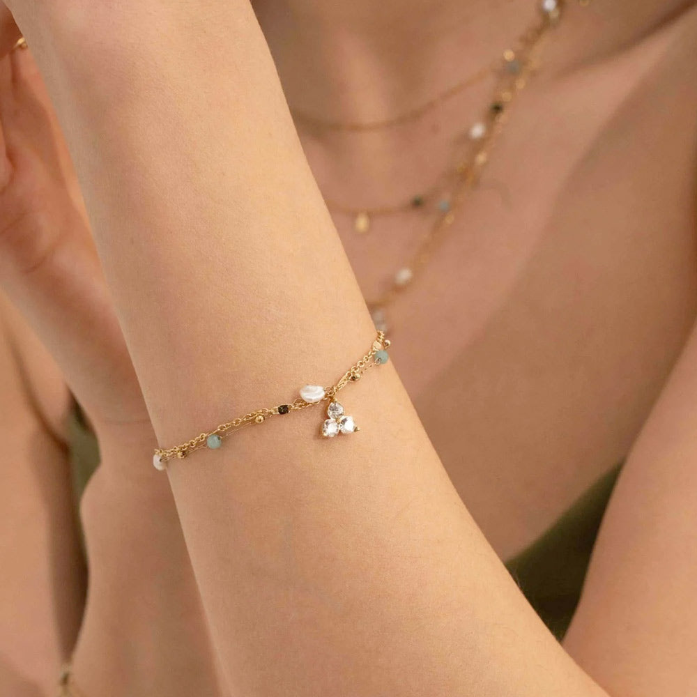 Bracelet Isabeau - 2 rangs, pierres naturelles agates bleues, perles d'eau douce et 3 cristaux (16+3 cm)