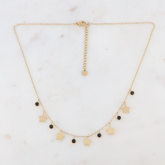 Collier doré composé de pendants étoile et de strass noirs 40+5 cm