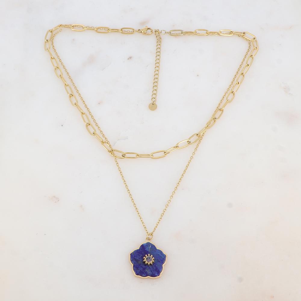 Collier double rangs avec pendentif fleur en pierre naturelle et strass (38/42+7CM)