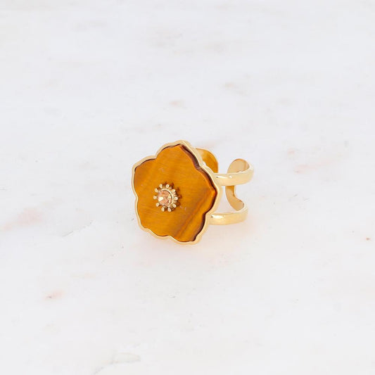 Bague double rangs avec fleur en pierre naturelle et strass - Œil de tigre