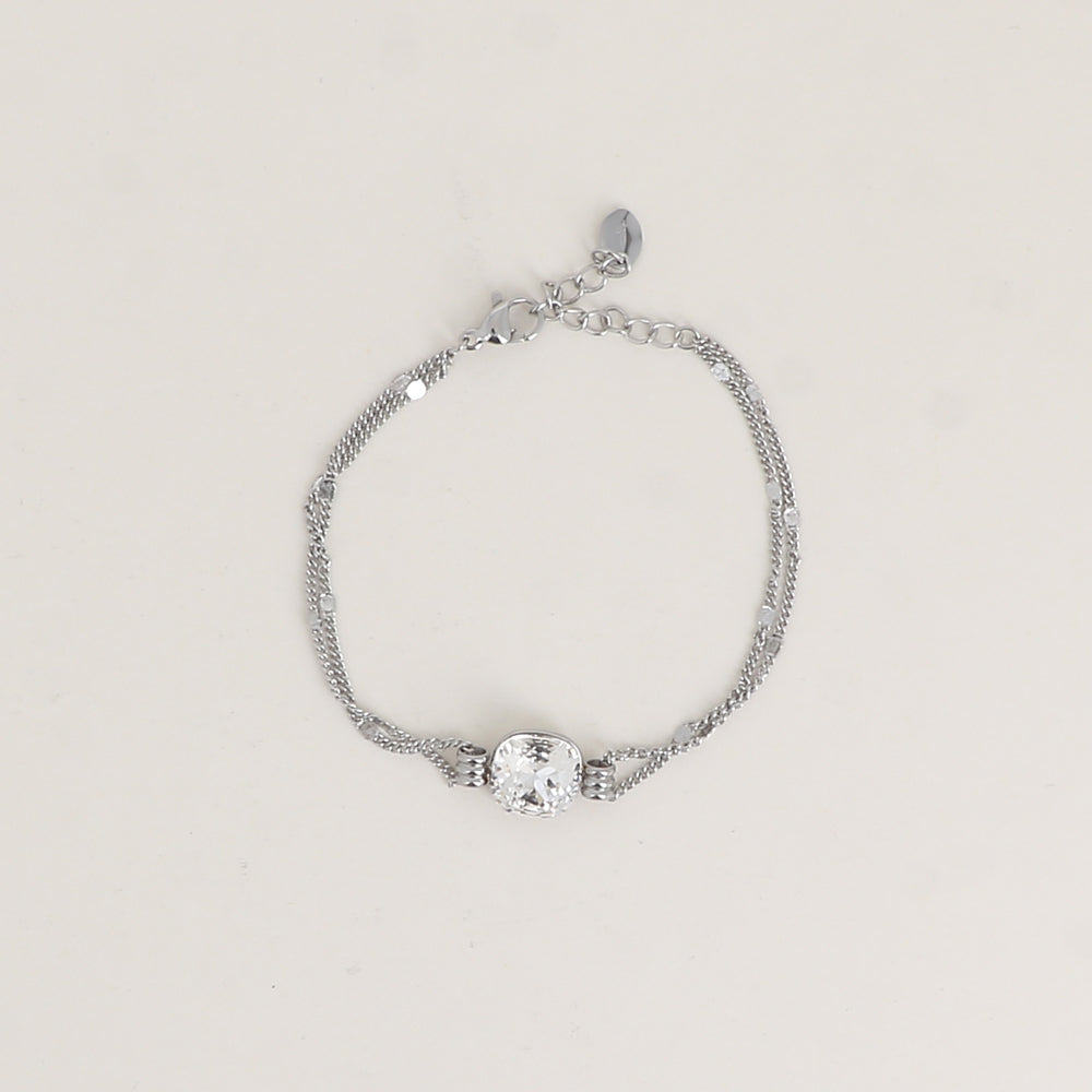 Bracelet double rangs rhodium - Orné d’un cristal de Swarovski® de 10 mm - Taille bracelet : 16+3 cm - Chrystal